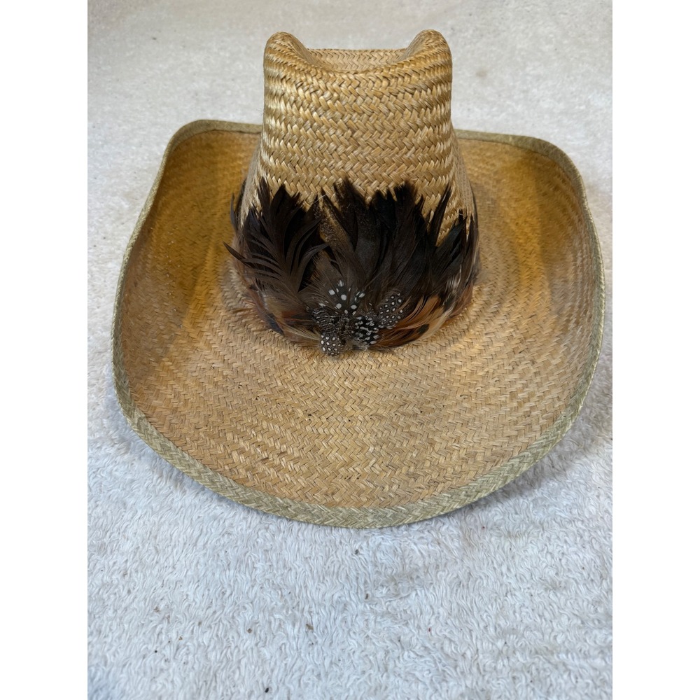 Roper Mens Straw Cowboy Hat Tan Feather Band Cattleman Crease Size 7 1/8